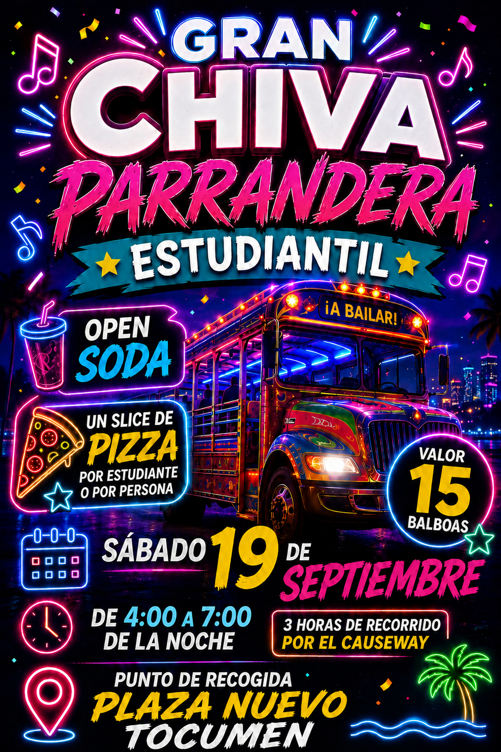 Afiche de la Gran Chiva Parrandera Estudiantil: recorrido de tres horas