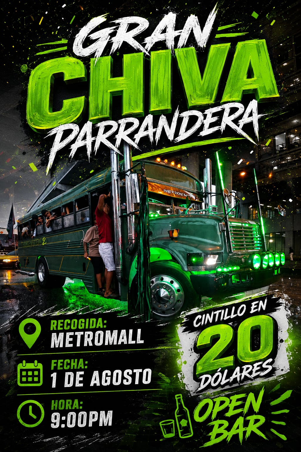 Afiche de la Gran Chiva Parrandera con una chiva verde iluminada